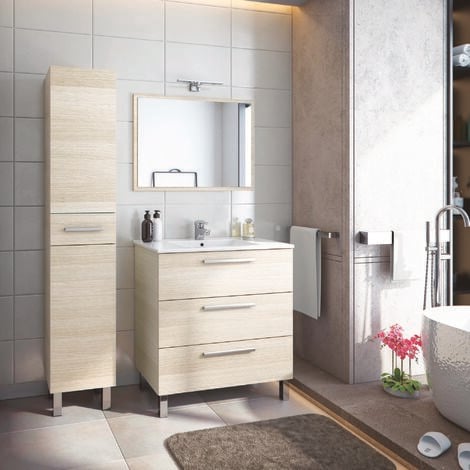 Colonne de rangement de salle de bain à pose ONDISE - 30cm - Chêne clair - Mélaminé - Livré en kit