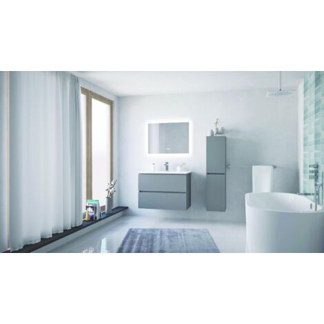 Ondee – Meuble salle de bain à suspendre 80cm – 2 tiroirs – Laqué gris mat – Plan vasque céramique extra-plat – Dimensions H60 x L81.5 x P46.5 cm