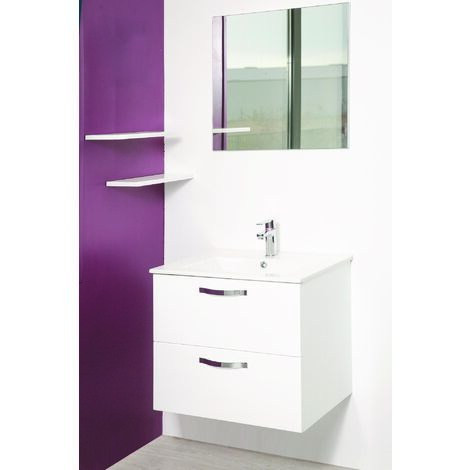 Ondee – Ensemble caisson + vasque 80cm – Mélaminé blanc – Plan céramique extra-plat 18mm – Caisson de tiroirs avec poignées aluminium (1/4)