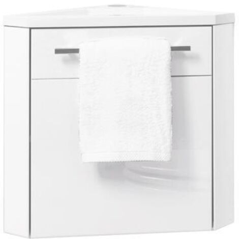 Ondee – Meuble lave-mains d'angle suspendu 40 cm – Finition laquée blanche – Porte réversible – Étagère intérieure réglable – Pour petites salles de bain