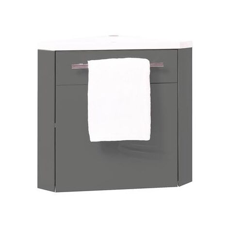 Ondee – Meuble lave-mains d'angle suspendu 40 cm – Finition gris laqué – Porte réversible avec fermeture progressive – Étagère intérieure réglable