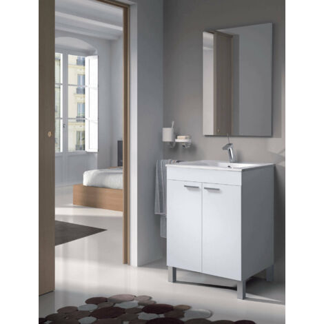 Ondee – Meuble de salle de bain à poser 60cm – Blanc brillant – Mélaminé résistant aux chocs – 2 portes battantes – Montage mural inclus