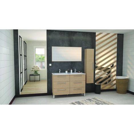 Ondee – Meuble double vasque à poser 120cm – Chêne clair mélaminé – Plan double vasque céramique extra-plat – 6 tiroirs fermeture progressive
