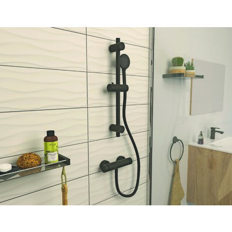Ondee – Kit barre de douche sans mitigeur – Douchette 3 fonctions – Flexible antitorsion 150cm – ABS noir mat – Hauteur 65cm – Entraxe réglable (1/5)