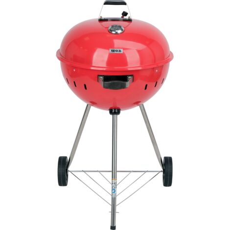 Grill à charbon de bois rond, barbecue boule 54 cm avec thermomètre, rouge (1/5)