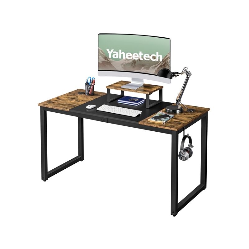 Yaheetech Mesa Escritorio con Soporte Monitor Mesa de Ordenador de Estilo  Industrial Mesa Oficina Estudio con 2 Ojales para Cables/Gancho Marrón