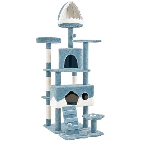 Homevive Árbol rascador para Gatos Altura 184cm Estilo Océano con Plataformas Cueva Torre Escalador Multiniveles Pompon Torre para Gatos Azul y Blanco