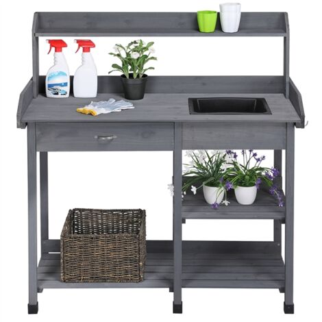 Homevive Mesa de Cultivo Jardinería para Plantación con Terraza Balcón Gancho Fregadero Cajón 114.8x45x121 cm Gris
