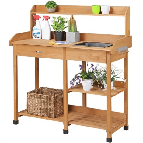 Homevive Mesa de Trabajo Jardín para Plantación con Terraza Balcón Gancho Fregadero Cajón 114.8x45x121 cm Color Madera Natural