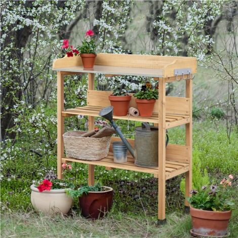 Homevive Mesa Jardinería 3 Niveles de Madera para Plantación 90cm de Altura con Superficie de Trabajo de Metal Impermeabilidad y Durabilidad Madera