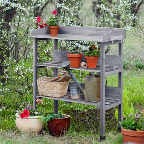 Homevive Mesa Jardinería 3 Niveles de Madera para Plantación 90cm de Altura con Superficie de Trabajo de Metal Impermeabilidad y Durabilidad Gris