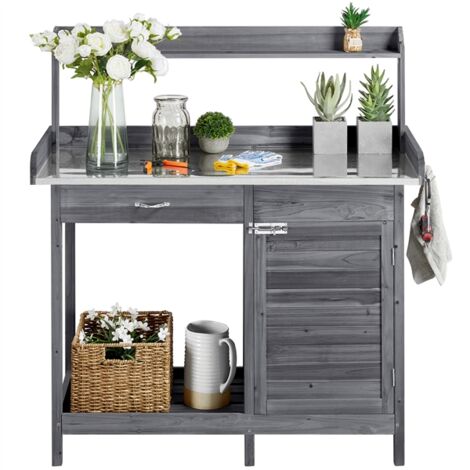 Homevive Mesa de Trabajo Jardín 112 x 46cm Altura 125 cm Mesa Cultivo Jardinería para Terraza Balcón con Cajón y Gabinete y 3 Ganchos y Encimera Galvanizada Gris