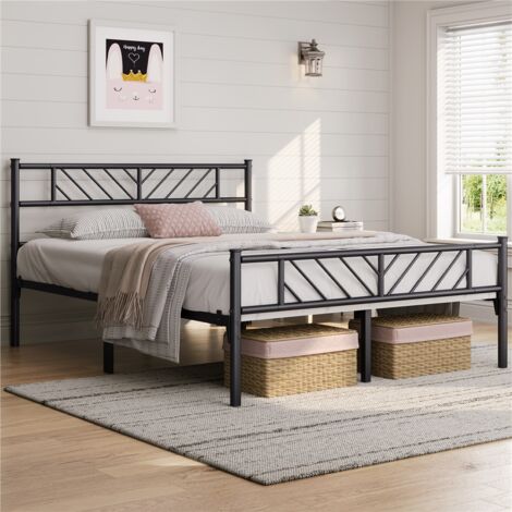 Homevive Base para Colchón de 140 x 200 cm Cama Doble de Metal con Cabecera Estilo Moderno Espacio Inferior de 32 cm Plataforma Bed Frame Negro