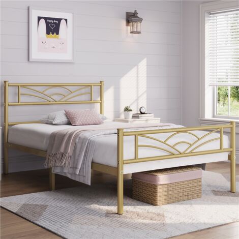 Homevive Cama Individual con Espacio Bajo Marco Metal Altura 32 cm Cama Individual con Cabecera para Colchón de 90 x 190 cm Oro