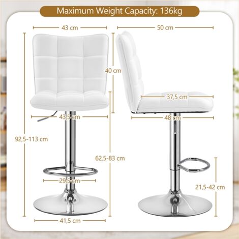Yaheetech Juego de 2 Taburete de Bar Taburete de Altura Ajustable 92,5-113 cm Taburete Industrial Metal Silla de Cocina Tasburete Alto para Cocina Bar Comedor Blanco