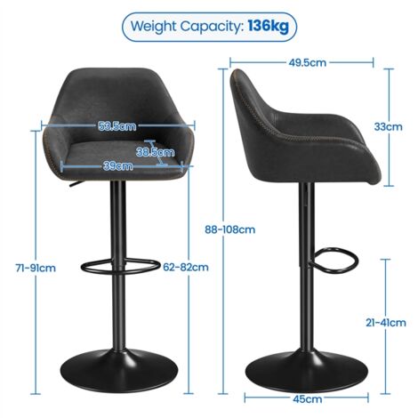 Yaheetech Pack de Taburete de Bar Taburete Altura Ajustable Capacidad de Carga 136 KG Taburete con Reposapiés 2 Unidades/Negro