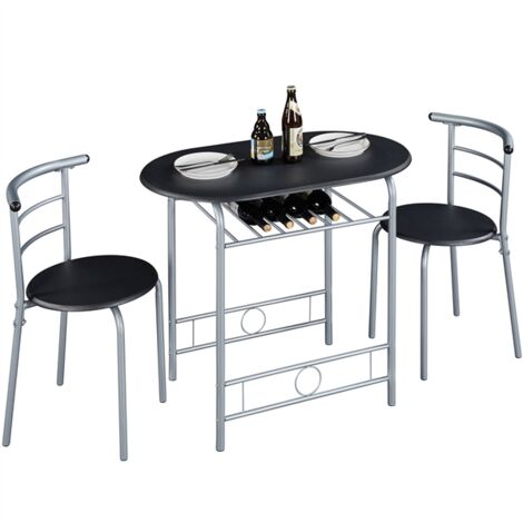 Homevive Juego Mesa de Cocina con 2 Sillas de Comedor Conjuntos de Mueble de 3 Piezas con Vino Estante Negro