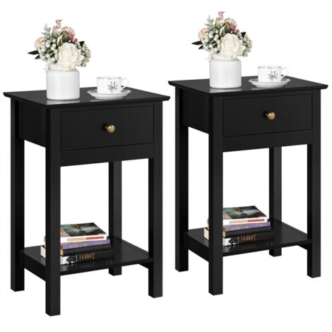 Homevive 2X Mesitas de Noche Dormitorios con Cajón 40x30x61cm Mesillas de Noche Negras para Salón Mesa Auxiliar Modernas