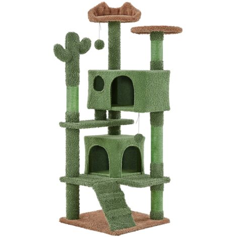 Homevive Árbol Rascador para Gatos con Plataforma Torre Escalador de Sisal para 1-3 Gatos Medianos con Bolas 48.5x48.5x138 cm Verde y Marrón