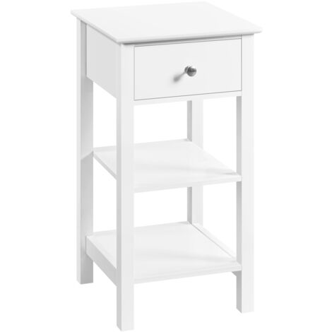 Homevive Mesita de Noche Alta Blanca Mesilla de Noche de Madera MDF con 1 Cajón y 2 Estantes Mesa Auxiliar para Sofá Dormitorio 35×35×70cm Blanco