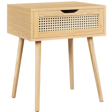 Homevive Mesita de Noche con Cajón Trenzada en Ratán 48,5 x 41 x 57,5 cm Estilo Moderno Mesa Auxiliar para Dormiorio Sala de Estar Salón de Madera Nórdica