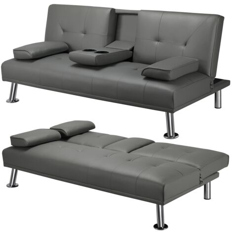 Yaheetech Sofá Cama de 2 Plazas Cama Plegable Tapizada de Piel sintética Sofá con Soporte de Botella Cama 167 X94 cm MAX Capacidad 350 KG Gris