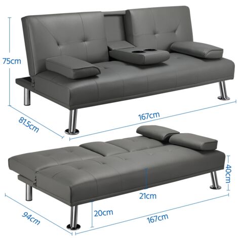 Yaheetech Sofá Cama de 2 Plazas Cama Plegable Tapizada de Piel sintética Sofá con Soporte de Botella Cama 167 X94 cm MAX Capacidad 350 KG Gris