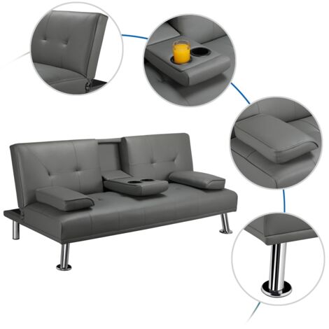 Yaheetech Sofá Cama de 2 Plazas Cama Plegable Tapizada de Piel sintética Sofá con Soporte de Botella Cama 167 X94 cm MAX Capacidad 350 KG Gris
