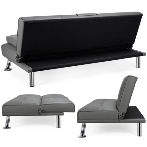 Yaheetech Sofá Cama de 2 Plazas Cama Plegable Tapizada de Piel sintética Sofá con Soporte de Botella Cama 167 X94 cm MAX Capacidad 350 KG Gris