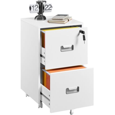 Homevive Cajonera de Oficina Móvil con 2 Cajones y Cerradura Mueble Archivador con Ruedas y Frenos Barras Colgantes Ajustables para Carpetas A4/Carta 40x40x66,5 cm Blanco