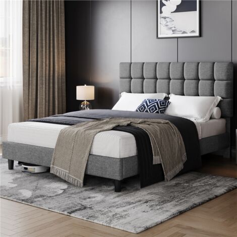 Homevive Marco de Cama Doble Acolchado Cuadrado 160×200cm Cabecero Ajustable en Altura con Base de Listones Gris Claro