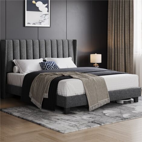 Yaheetech Cama tapizada 160 x 200 cm Cabecero a Rayas con Alas Láminas de Madera y Metal Cama Matrimonial Color Gris Oscuro