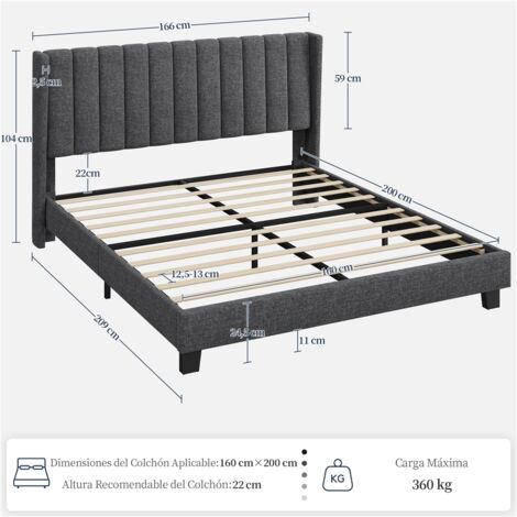 Yaheetech Cama tapizada 160 x 200 cm Cabecero a Rayas con Alas Láminas de Madera y Metal Cama Matrimonial Color Gris Oscuro