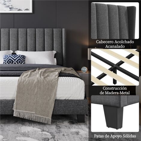 Yaheetech Cama tapizada 160 x 200 cm Cabecero a Rayas con Alas Láminas de Madera y Metal Cama Matrimonial Color Gris Oscuro