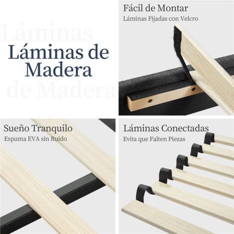 Yaheetech Cama tapizada 160 x 200 cm Cabecero a Rayas con Alas Láminas de Madera y Metal Cama Matrimonial Color Gris Oscuro