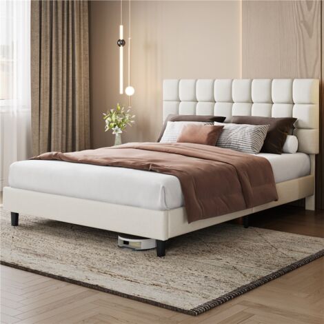 Homevive Marco de Cama Doble Acolchado Cuadrado 160×200cm Cabecero Ajustable en Altura con Base de Listones Color Beige