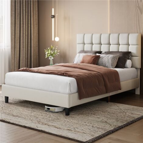 Yaheetech Cama Tapizada de 140 x 200 cm Cama de Matrimonio con Cabecero Regulable en Altura Marco de Cama Tapizado Estable con Listón de Madera, Color Beige