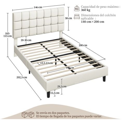 Yaheetech Cama Tapizada de 140 x 200 cm Cama de Matrimonio con Cabecero Regulable en Altura Marco de Cama Tapizado Estable con Listón de Madera, Color Beige