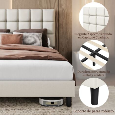 Yaheetech Cama Tapizada de 140 x 200 cm Cama de Matrimonio con Cabecero Regulable en Altura Marco de Cama Tapizado Estable con Listón de Madera, Color Beige