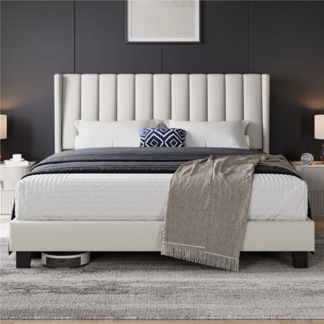 Homevive Cama tapizada 160 x 200 cm Cabecero a Rayas con Alas Láminas de Madera y Metal Cama Matrimonial Color Beige
