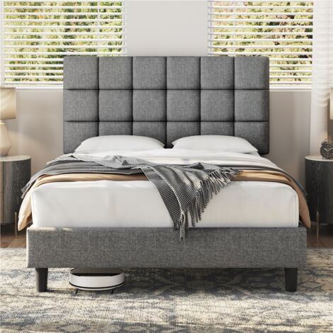 Homevive Marco de Cama Doble Acolchado Cuadrado 140×200cm Cabecero Ajustable en Altura con Base de Listones Oscuro Gris