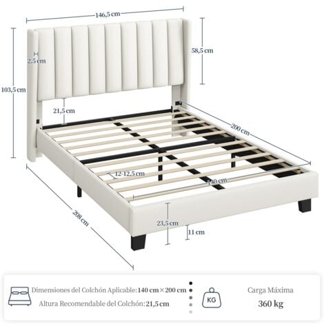 Yaheetech Cama tapizada 140 x 200 cm Cabecero a Rayas con Alas Láminas de Madera y Metal Cama Matrimonial Color Beige