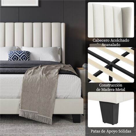Yaheetech Cama tapizada 140 x 200 cm Cabecero a Rayas con Alas Láminas de Madera y Metal Cama Matrimonial Color Beige