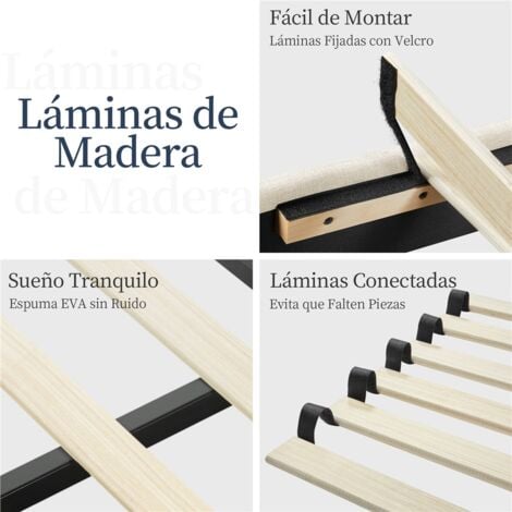 Yaheetech Cama tapizada 140 x 200 cm Cabecero a Rayas con Alas Láminas de Madera y Metal Cama Matrimonial Color Beige