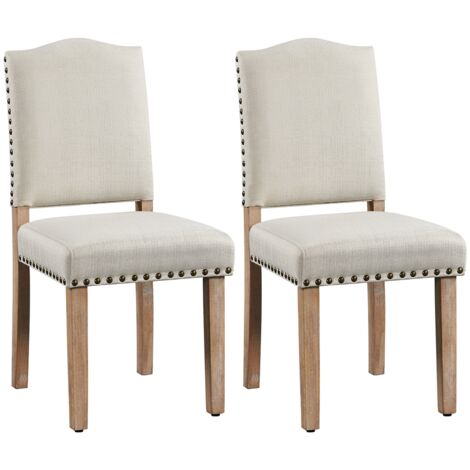 Homevive 2PCS de Sillas de Comedor de Respaldo Alto Sillas de Cocina Piernas de Madera Maciza Diseño Clásico Reposabrazos con Botones de Bronce y Asientos Acolchados Beige