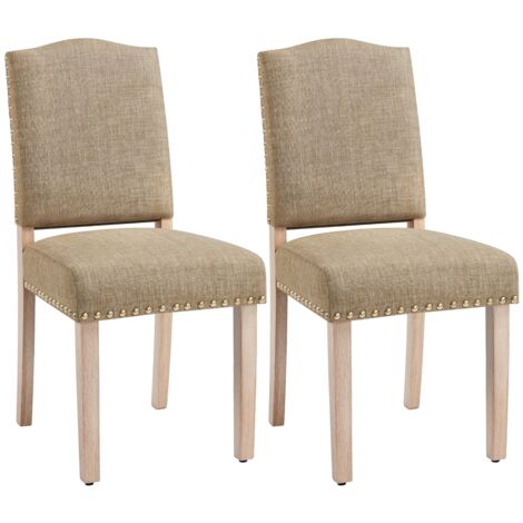 Homevive 2PCS Sillas de Comedor de Respaldo Alto Sillas de Cocina Piernas de Madera Maciza Diseño Clásico Reposabrazos con Botones de Bronce y Asientos Acolchados Khaki