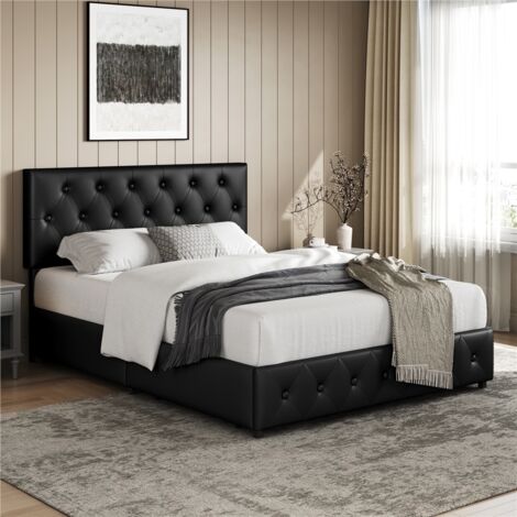 Homevive Cama con Cabecero Tapizado Ajustable 140 x 200 cm 4 Cajones con Ruedas Cama con Espacio de Almacenamiento Patas de Madera