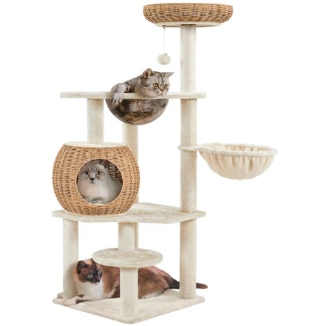 Homevive Árbol para Gatos de Ratán Tejido a Mano 54x48x137,5cm Rascador para Gatos con Dos Postes de Sisal y una Bola Plataformas de Felpa y Cojín Extraíble Beige