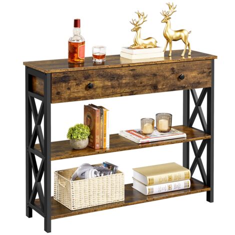 Homevive Mesa Consola Recibidor con Cajon Grande Mesa de Entrada de 3 Niveles para Salón Mesa Auxiliar de Estilo Industrial Gris 100x29.5x81cm Marrón