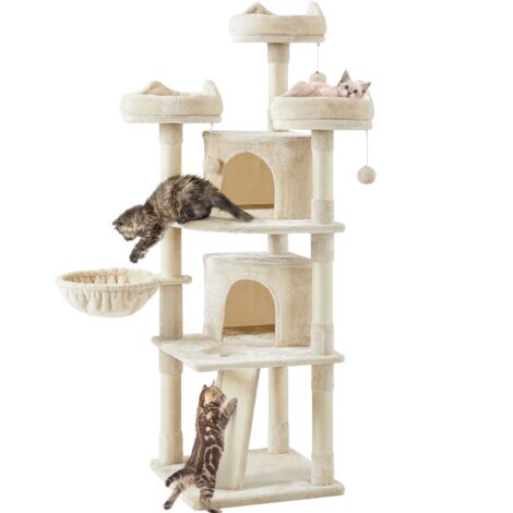 Homevive Árbol Rascador para 3-5 Gatos Gigante de Altura 175 cm Torre de Juegos con 2 Grandes Grutas 3 Plaraformas Beige